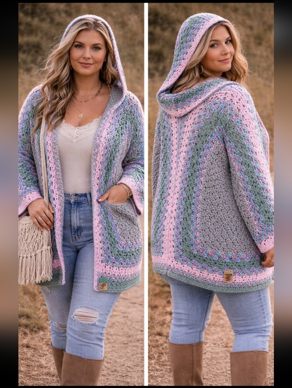 Handmade Crochet Hooded Cardigan Boho Granny Sq Oversized Chunky Knit Festival - Picture 13 of 13
